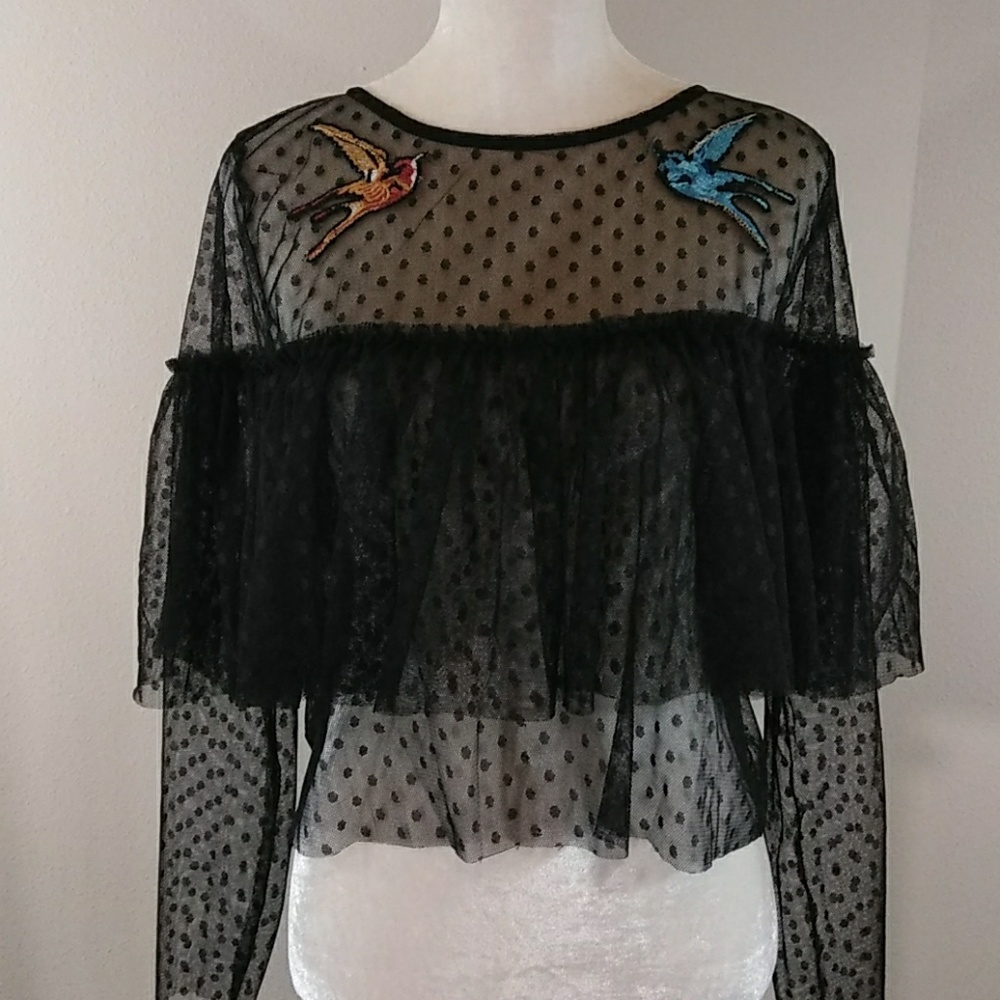 🆕 Sheer Black Polka dot Ruffle Long sleeve Shirt